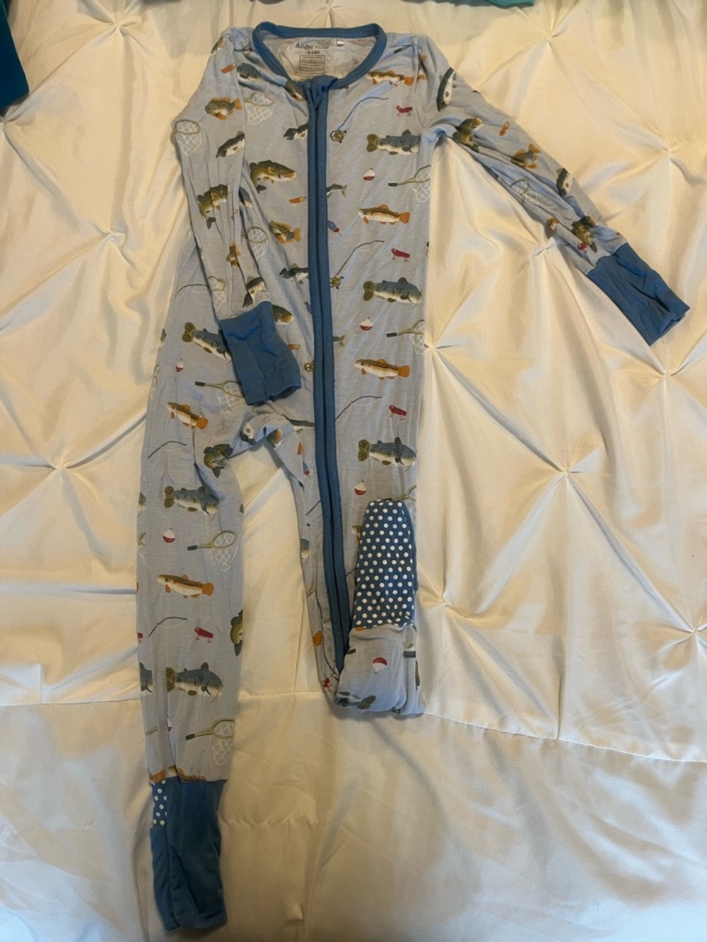 Angel Dear Blue Bamboo Fish Print Convertible Zip Romper